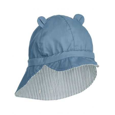 Chapeau bébé Gorm protège cou | Rayures bleu et crème