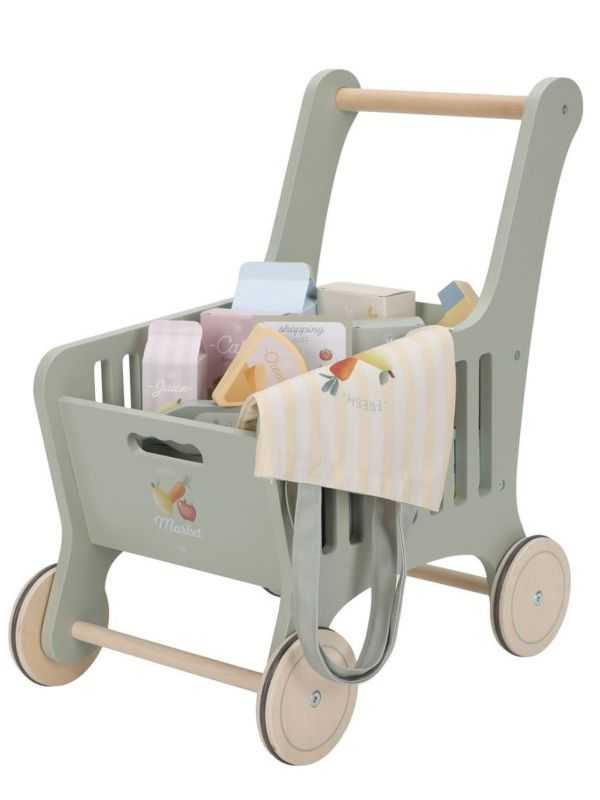 Teamson Kids Chariot De Courses En Bois – 13 Accessoires Alimentaires, Roues Silencieuses, Poignée Ergonomique – Dès 3 Ans